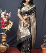 Black banarasi silk blend saree with zari border & woven pallu