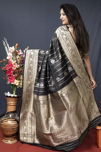 Black banarasi silk blend saree with zari border & woven pallu