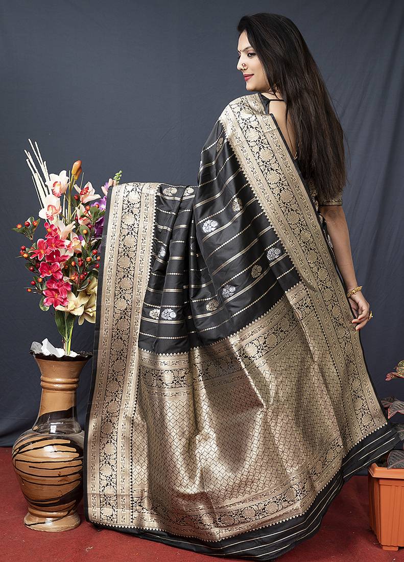 Black banarasi silk blend saree with zari border & woven pallu