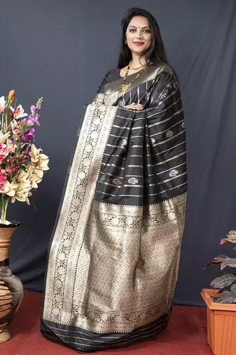 Black banarasi silk blend saree with zari border & woven pallu