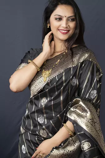 Black banarasi silk blend saree with zari border & woven pallu