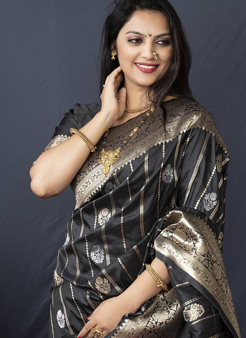 Black banarasi silk blend saree with zari border & woven pallu