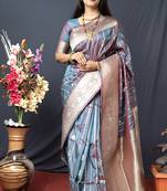 Grey banarasi silk blend saree with zari border & woven pallu