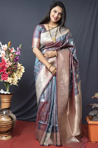 Grey banarasi silk blend saree with zari border & woven pallu