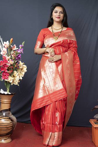 Red banarasi silk blend saree with zari border & woven pallu