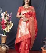 Red banarasi silk blend saree with zari border & woven pallu