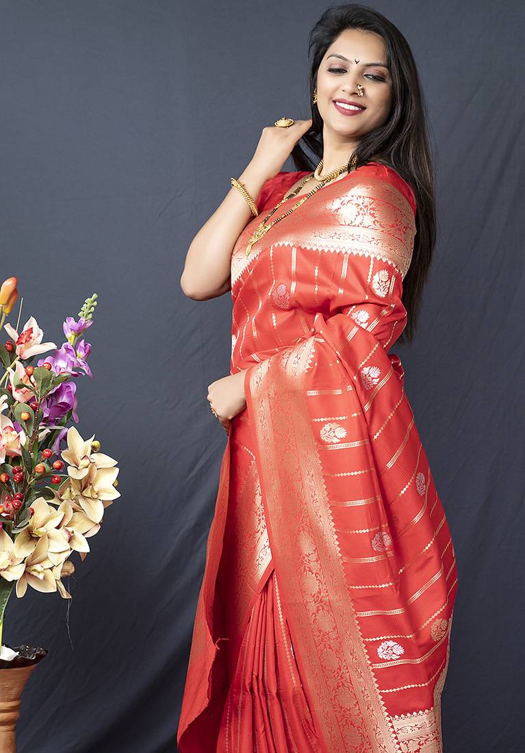 Red banarasi silk blend saree with zari border & woven pallu