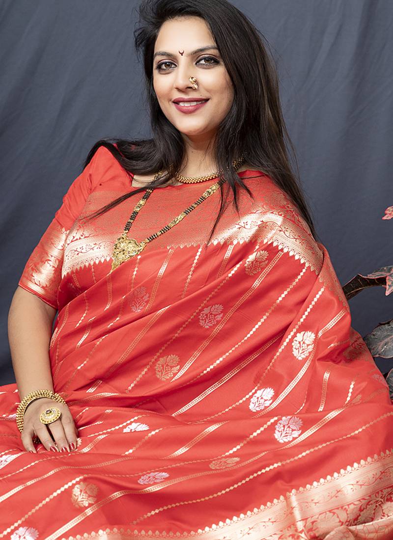 Red banarasi silk blend saree with zari border & woven pallu