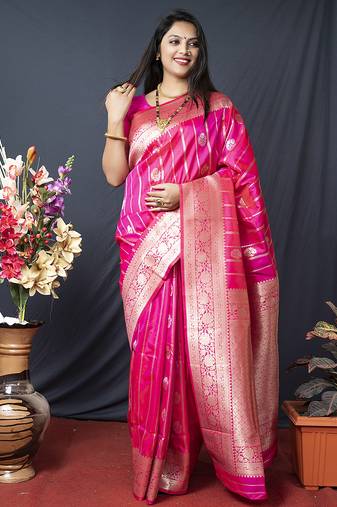 Rani pink banarasi silk blend saree with zari border & woven pallu