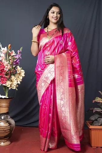 Rani pink banarasi silk blend saree with zari border & woven pallu