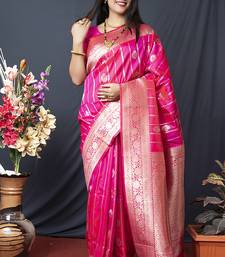 Rani pink banarasi silk blend saree with zari border & woven pallu