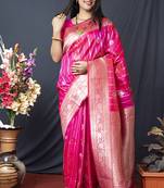 Rani pink banarasi silk blend saree with zari border & woven pallu