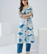 Women Floral Printed Regular Thread Work Pure Cotton Kurta with Trousers