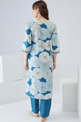 Women Floral Printed Regular Thread Work Pure Cotton Kurta with Trousers