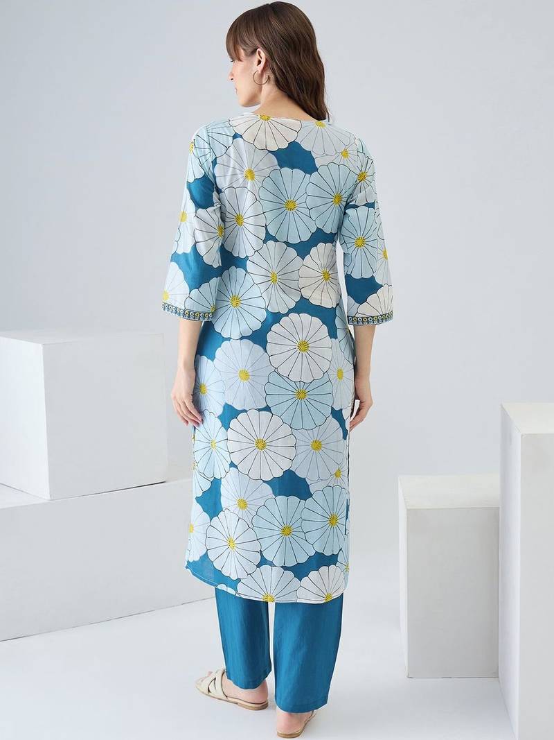 Women Floral Printed Regular Thread Work Pure Cotton Kurta with Trousers