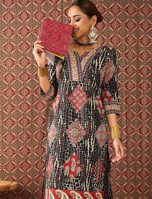 Women Ethnic Motif Printed Pure Cotton Straight Kurta Trousers Set 1
