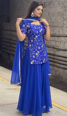 Women's Beautiful Embroidery Work Georgette Fabric Straight Kurta Sharara and Dupatta Set 1