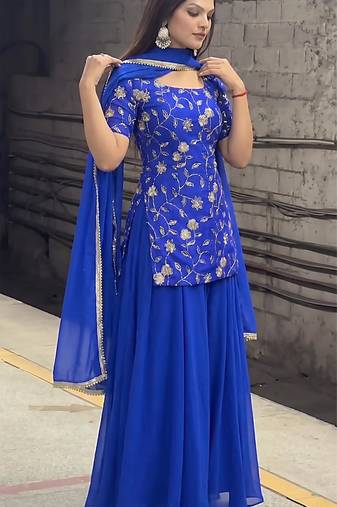 Women's Beautiful Embroidery Work Georgette Fabric Straight Kurta Sharara and Dupatta Set