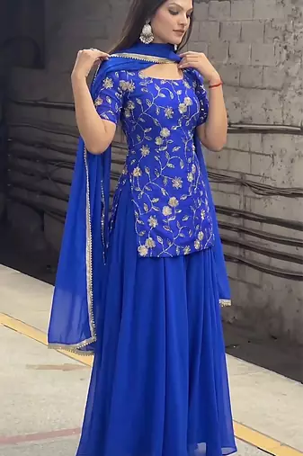 Women's Beautiful Embroidery Work Georgette Fabric Straight Kurta Sharara and Dupatta Set