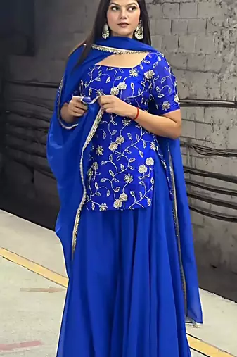 Women's Beautiful Embroidery Work Georgette Fabric Straight Kurta Sharara and Dupatta Set