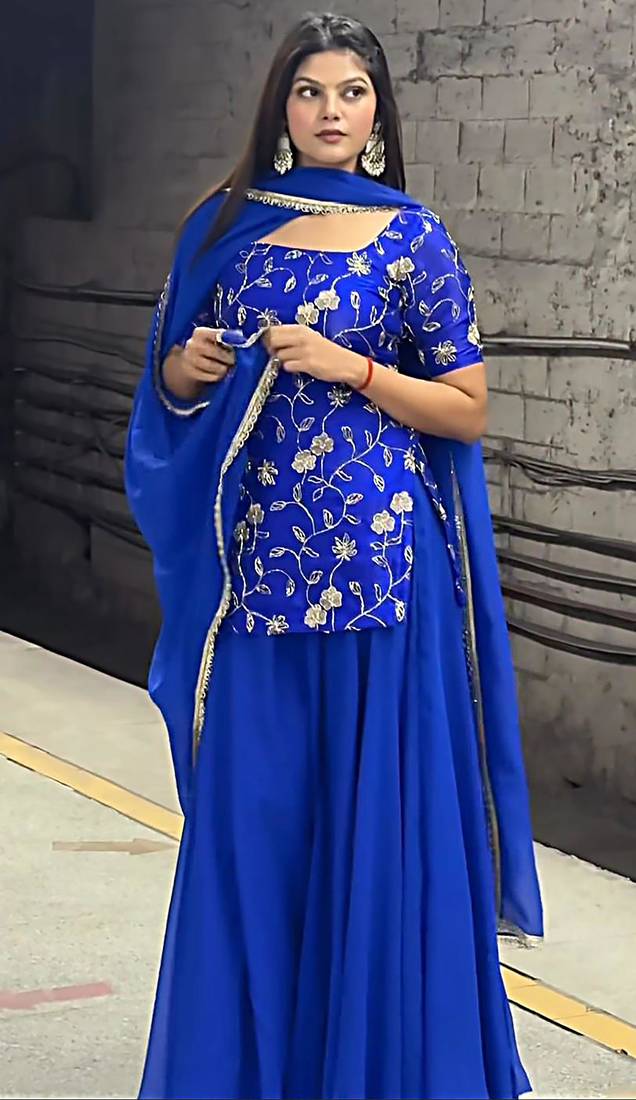 Women's Beautiful Embroidery Work Georgette Fabric Straight Kurta Sharara and Dupatta Set