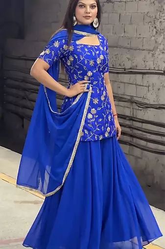 Women's Beautiful Embroidery Work Georgette Fabric Straight Kurta Sharara and Dupatta Set