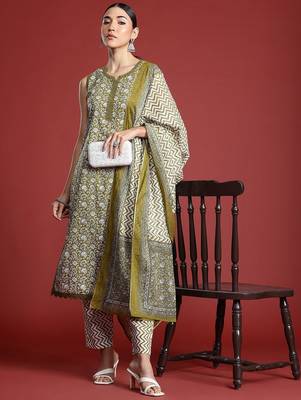 Paisley Printed Regular Pure Cotton Kurta with Trousers & With Dupatta 1