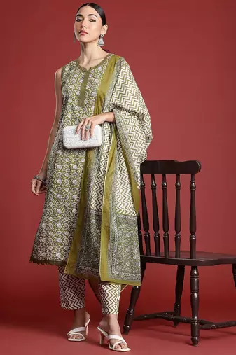 Paisley Printed Regular Pure Cotton Kurta with Trousers & With Dupatta