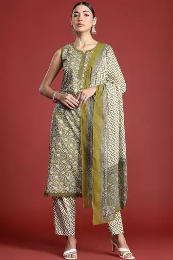 Paisley Printed Regular Pure Cotton Kurta with Trousers & With Dupatta