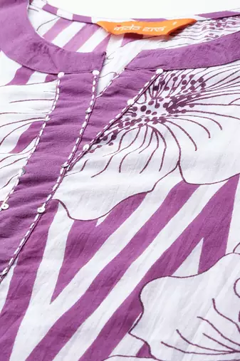 Floral Printed Regular Sequinned Pure Cotton Kurta with Trousers