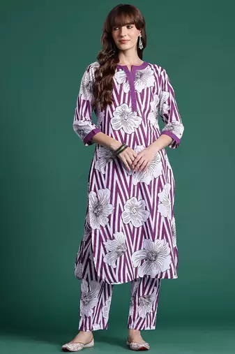 Floral Printed Regular Sequinned Pure Cotton Kurta with Trousers