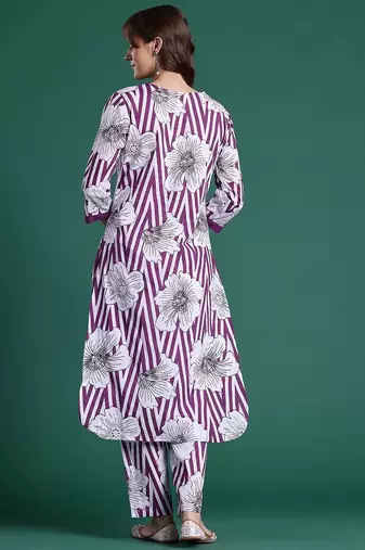 Floral Printed Regular Sequinned Pure Cotton Kurta with Trousers