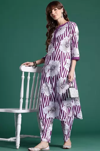 Floral Printed Regular Sequinned Pure Cotton Kurta with Trousers