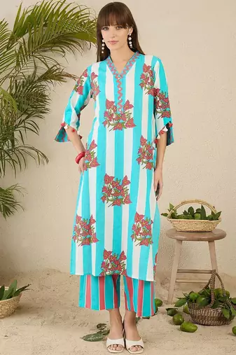 Floral Screen Printed V-Neck Pure Cotton Straight Kurta With Trousers