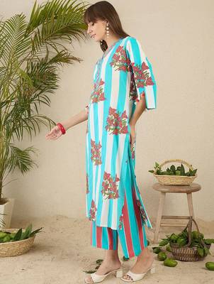 Floral Screen Printed V-Neck Pure Cotton Straight Kurta With Trousers 3