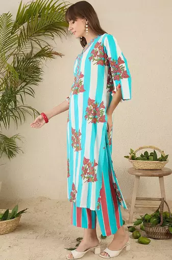 Floral Screen Printed V-Neck Pure Cotton Straight Kurta With Trousers