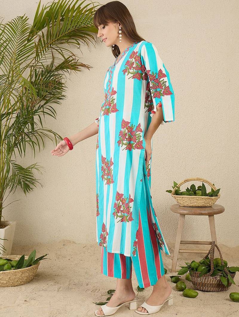 Floral Screen Printed V-Neck Pure Cotton Straight Kurta With Trousers