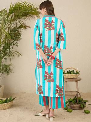 Floral Screen Printed V-Neck Pure Cotton Straight Kurta With Trousers 4