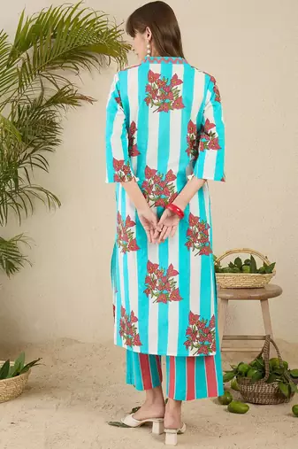 Floral Screen Printed V-Neck Pure Cotton Straight Kurta With Trousers