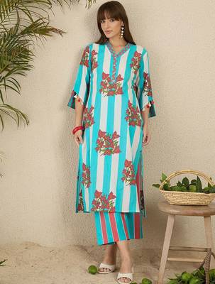 Floral Screen Printed V-Neck Pure Cotton Straight Kurta With Trousers 5