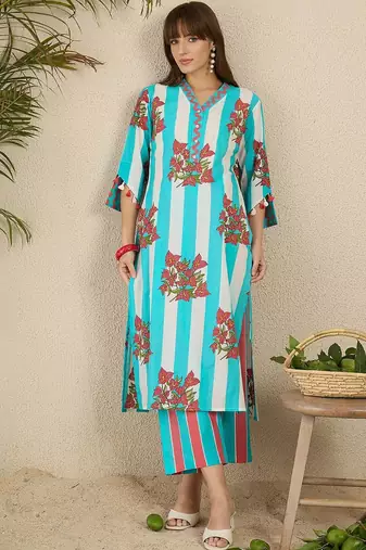 Floral Screen Printed V-Neck Pure Cotton Straight Kurta With Trousers