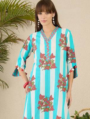 Floral Screen Printed V-Neck Pure Cotton Straight Kurta With Trousers 7