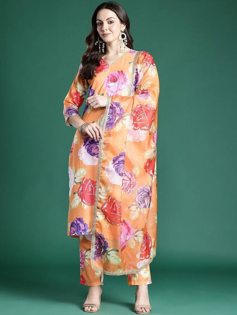 Floral Printed Regular Kurta with Trousers & Dupatta