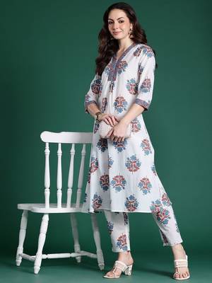 Floral Printed Pure Cotton Kurta with Trousers 1