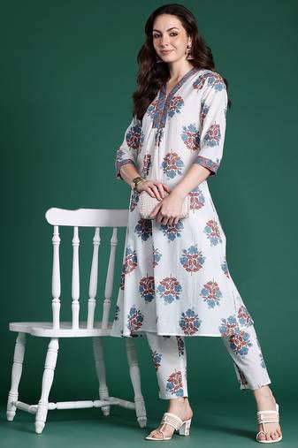 Floral Printed Pure Cotton Kurta with Trousers