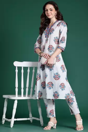 Floral Printed Pure Cotton Kurta with Trousers