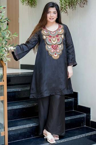 Embroidery French Crepe Fabric Flared Kurta and Palazzo Set