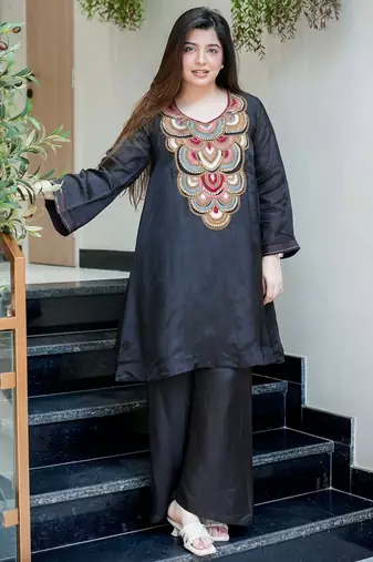 Embroidery French Crepe Fabric Flared Kurta and Palazzo Set