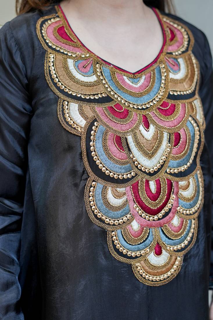 Embroidery French Crepe Fabric Flared Kurta and Palazzo Set