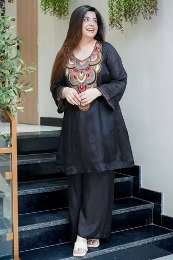 Embroidery French Crepe Fabric Flared Kurta and Palazzo Set